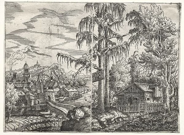 Landscape with the Town on a River and The Cottage between Trees, 1551. Creator: Hanns Lautensack