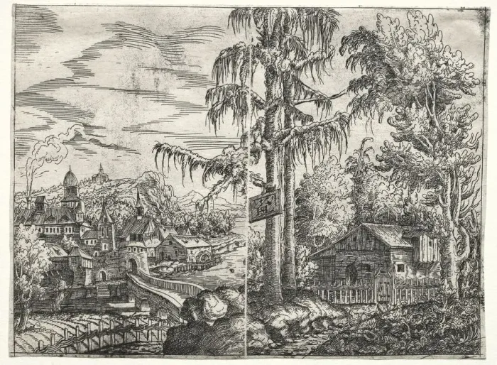 Framed Print : Landscape with the Town on a River and The Cottage between Trees, 1551. Creator: Hanns Lautensack Framed Print : Landscape with the Town on a River and The Cottage between Trees, 1551. Creator: Hanns Lautensack