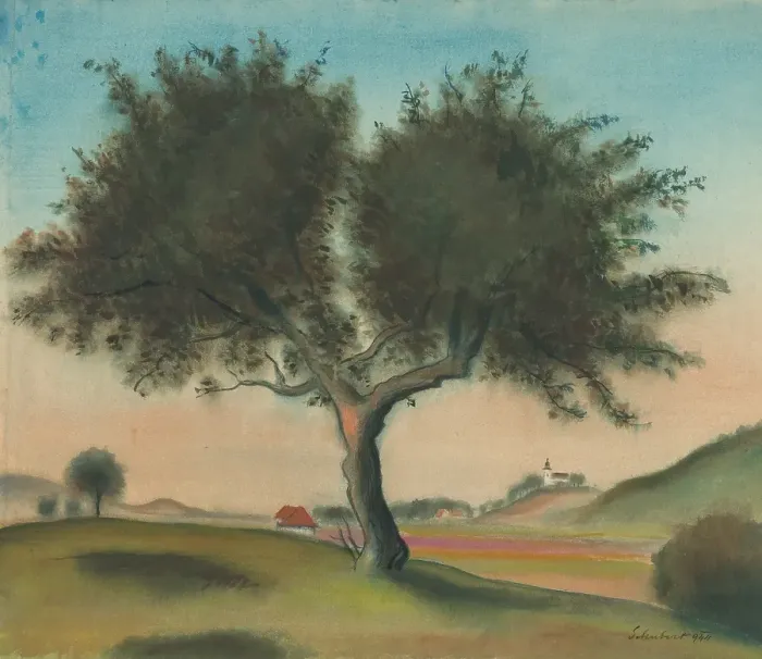 Framed Print : Landscape with a tree, 1944. Creator: Julius Schubert Framed Print : Landscape with a tree, 1944. Creator: Julius Schubert