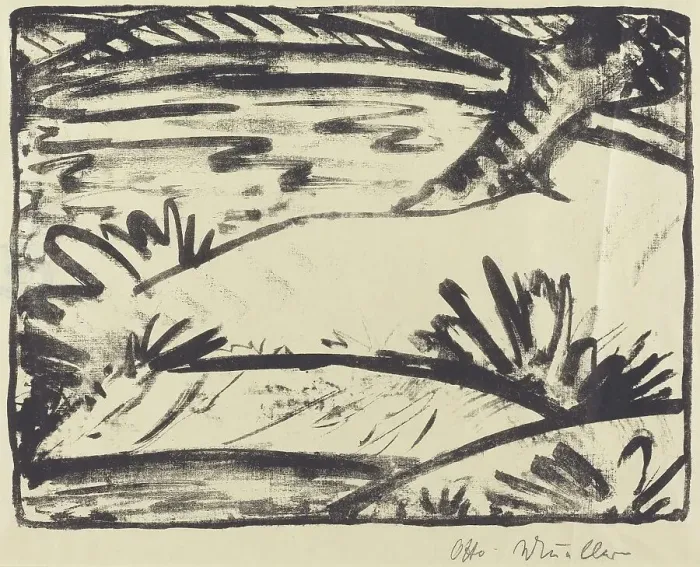 Framed Print : Landscape with Tree and Water (Landschaft mitBaum und Wasser), c. 1920. Creator: Otto Mueller Framed Print : Landscape with Tree and Water (Landschaft mitBaum und Wasser), c. 1920. Creator: Otto Mueller
