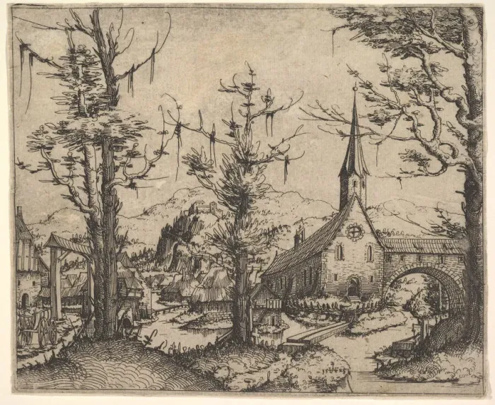 Framed Print : Landscape with Four Trees and a Church at Right, 1545 (?). Creator: Augustin Hirschvogel Framed Print : Landscape with Four Trees and a Church at Right, 1545 (?). Creator: Augustin Hirschvogel