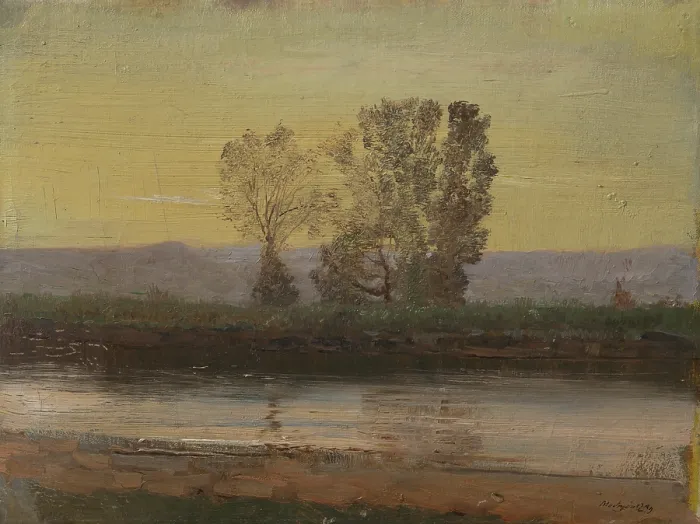Framed Print : Landscape at Twilight with River and Cluster of Trees, 1895-1905. Creator: Ladislav Mednyanszky Framed Print : Landscape at Twilight with River and Cluster of Trees, 1895-1905. Creator: Ladislav Mednyanszky
