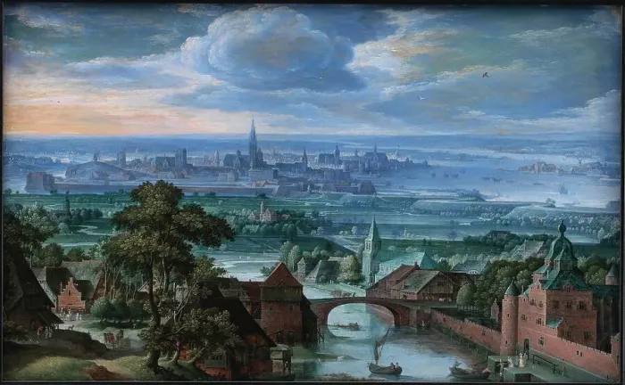 Framed Print : Landscape with a View of Antwerp, 1580-1589. Creator: Hans Bol Framed Print : Landscape with a View of Antwerp, 1580-1589. Creator: Hans Bol