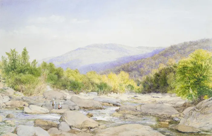Framed Print : Landscape: View on Catskill Creek, 1867. Creator: John William Hill Framed Print : Landscape: View on Catskill Creek, 1867. Creator: John William Hill