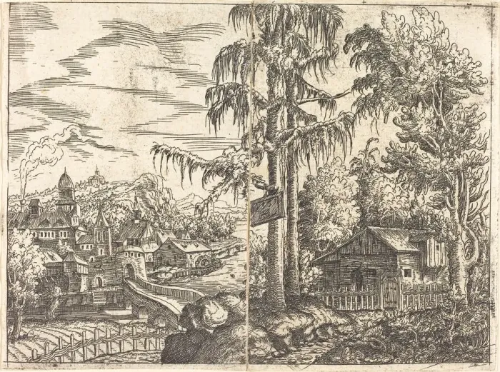 Framed Print : Landscape with View of a Farmers Cottage and a Town near a River, 1551 Framed Print : Landscape with View of a Farmers Cottage and a Town near a River, 1551