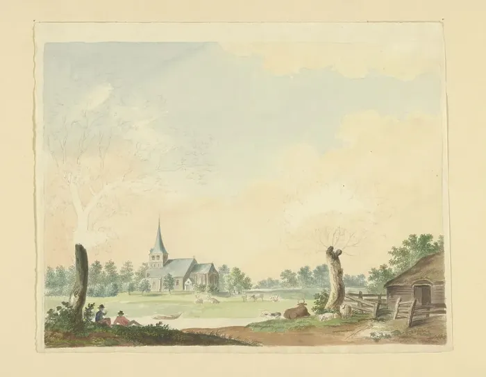 Framed Print : Landscape with a view of pasture on a church, 1700-1800. Creator: Anon Framed Print : Landscape with a view of pasture on a church, 1700-1800. Creator: Anon