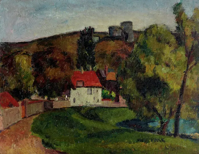 Framed Print : Landscape Village beneath the ruins, c1915. Creator: Frederick James Porter Framed Print : Landscape Village beneath the ruins, c1915. Creator: Frederick James Porter