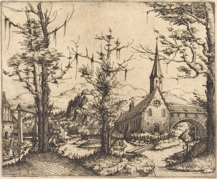 Framed Print : Landscape with a Village Church, 1545. Creator: Augustin Hirschvogel Framed Print : Landscape with a Village Church, 1545. Creator: Augustin Hirschvogel