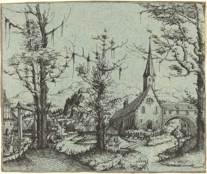 Framed Print : Landscape with a Village Church, 1545. Creator: Augustin Hirschvogel Framed Print : Landscape with a Village Church, 1545. Creator: Augustin Hirschvogel