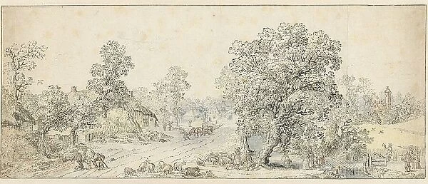Landscape with walkers, a shepherd and many other figures, 1600-1699. Creator: Anon