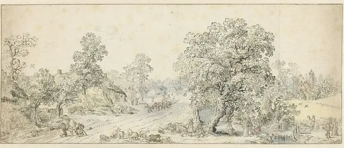 Framed Print : Landscape with walkers, a shepherd and many other figures, 1600-1699. Creator: Anon Framed Print : Landscape with walkers, a shepherd and many other figures, 1600-1699. Creator: Anon
