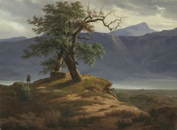 Framed Print : Landscape with a Wanderer, 1830. Creator: Thomas Fearnley Framed Print : Landscape with a Wanderer, 1830. Creator: Thomas Fearnley