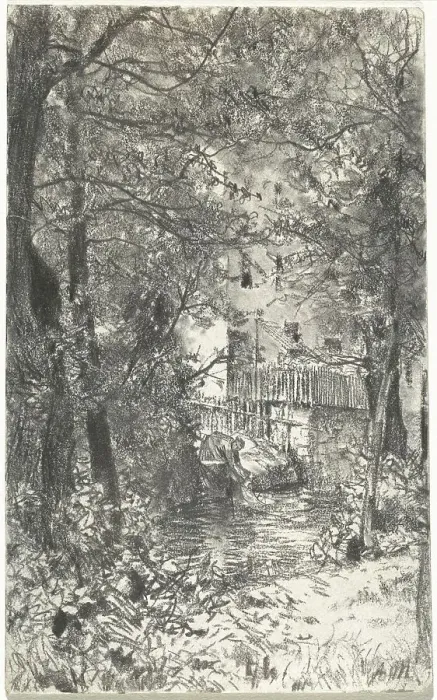 Framed Print : Landscape with a Washerwoman, c. 1890. Creator: Adolph Menzel Framed Print : Landscape with a Washerwoman, c. 1890. Creator: Adolph Menzel