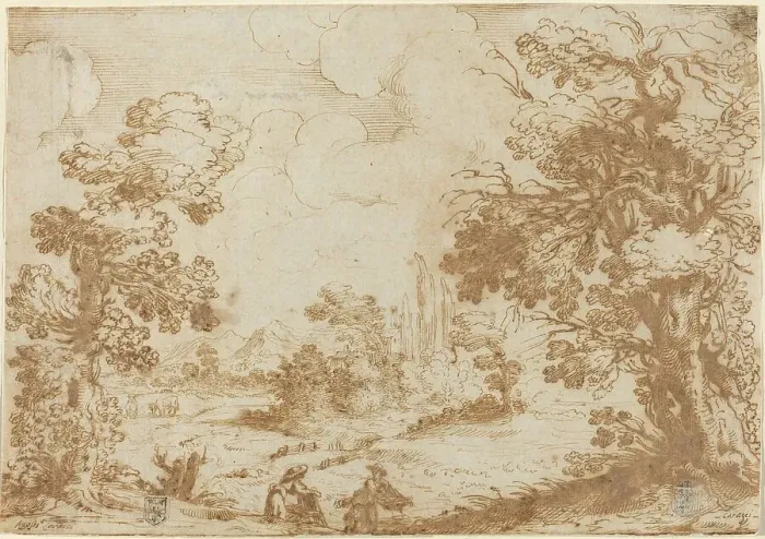 Framed Print : Landscape with Two Washerwomen, 1580s. Creator: Agostino Carracci Framed Print : Landscape with Two Washerwomen, 1580s. Creator: Agostino Carracci
