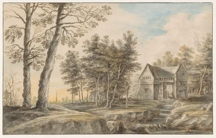 Framed Print : Landscape with a water mill, 1605-1673. Creator: Lucas van Uden