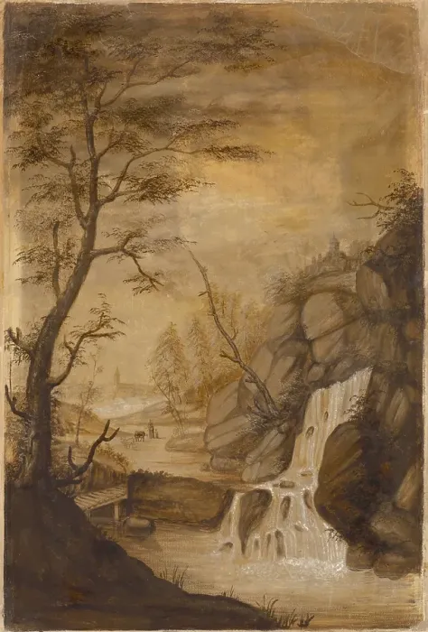 Framed Print : Landscape with a waterfall, around 1780. Creator: Unknown Framed Print : Landscape with a waterfall, around 1780. Creator: Unknown