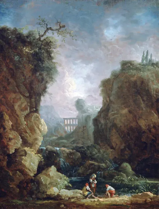 Framed Print : Landscape with Waterfall and Aqueduct, c1750-1808. Artist: Robert Hubert Framed Print : Landscape with Waterfall and Aqueduct, c1750-1808. Artist: Robert Hubert