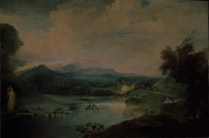 Framed Print : Landscape with a waterfall, ca 1714. Artist: Watteau, Jean Antoine (1684-1721) Framed Print : Landscape with a waterfall, ca 1714. Artist: Watteau, Jean Antoine (1684-1721)