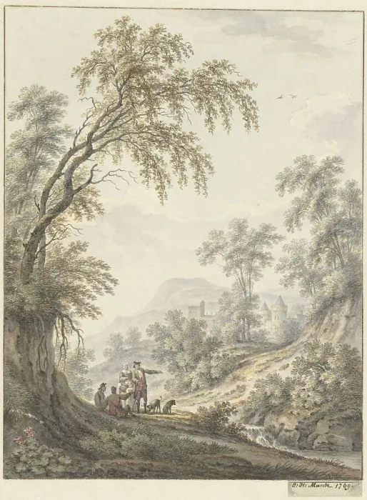 Framed Print : Landscape with a waterfall and a castle in the distance, 1769. Creator: Johann Heinrich Muntz Framed Print : Landscape with a waterfall and a castle in the distance, 1769. Creator: Johann Heinrich Muntz