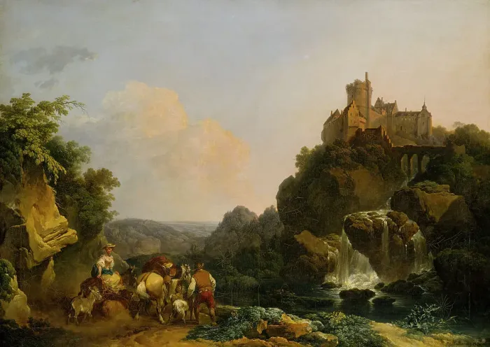 Framed Print : Landscape with Waterfall, Castle and Peasants, 1767. Creator: Philip James de Loutherbourg Framed Print : Landscape with Waterfall, Castle and Peasants, 1767. Creator: Philip James de Loutherbourg