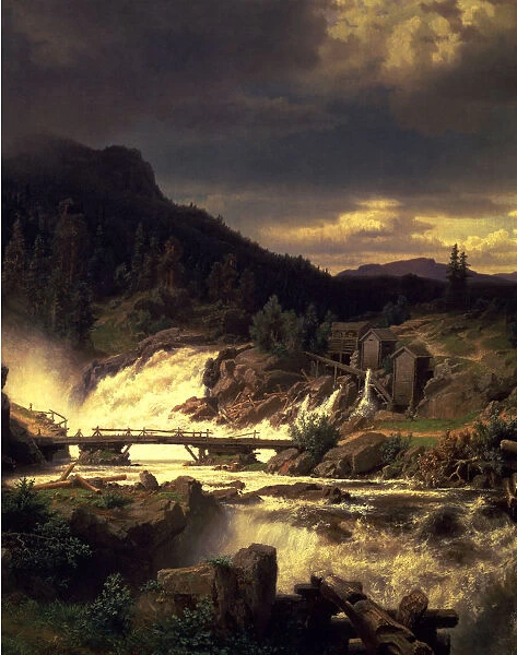 Landscape with waterfall in Norway, oil on canvas by Erik Bodom