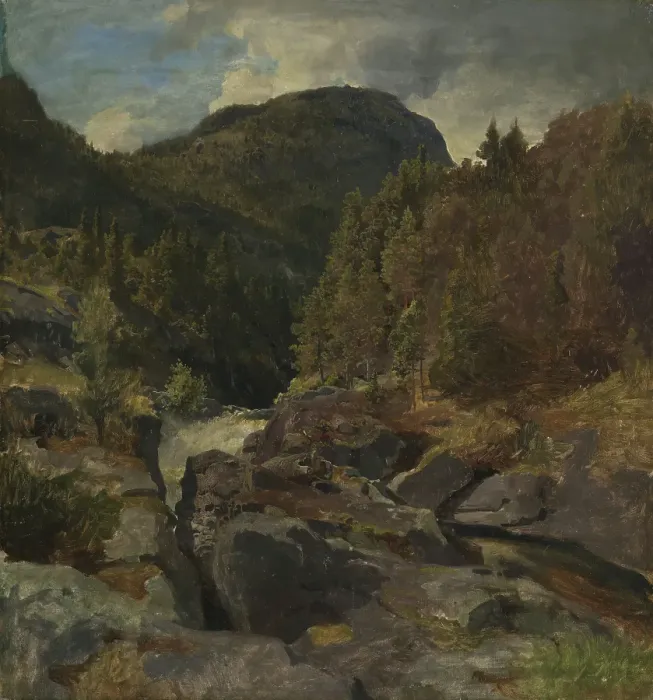 Framed Print : Landscape with Waterfall, probably 1850. Creator: Hans Gude Framed Print : Landscape with Waterfall, probably 1850. Creator: Hans Gude