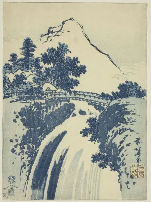 Framed Print : Landscape with waterfall, from an untitled series of chuban prints, Japan, c. 1831 Framed Print : Landscape with waterfall, from an untitled series of chuban prints, Japan, c. 1831
