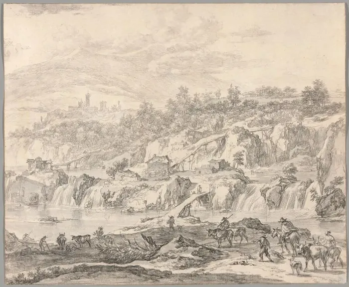 Framed Print : Landscape with Waterfalls and Bridges, Peasants in the Foreground, c.1670. Creator: Nicolaes Berchem Framed Print : Landscape with Waterfalls and Bridges, Peasants in the Foreground, c.1670. Creator: Nicolaes Berchem