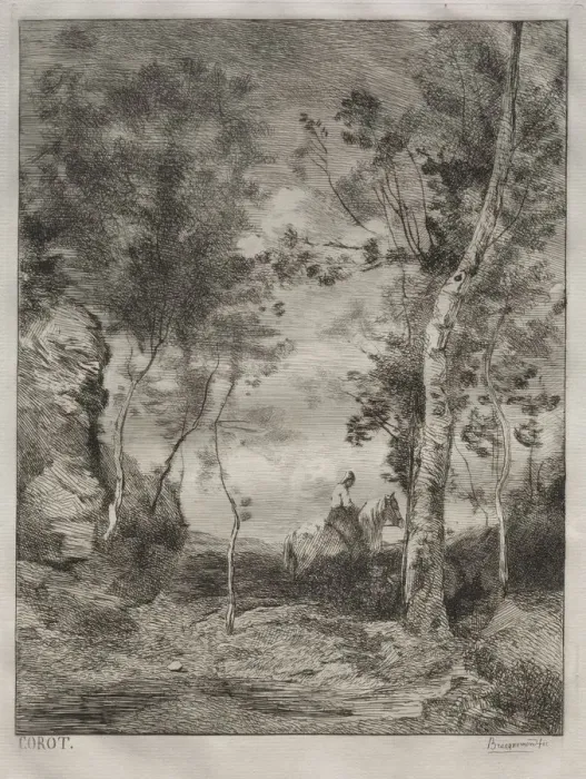Framed Print : Landscape, or The White Horse, after Corot, c. 1858. Creator: Felix Bracquemond (French Framed Print : Landscape, or The White Horse, after Corot, c. 1858. Creator: Felix Bracquemond (French