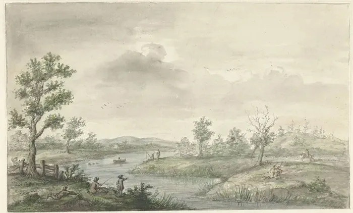 Framed Print : Landscape with winding river and anglers, 1661-1693. Creator: Gerrit Grasdorp Framed Print : Landscape with winding river and anglers, 1661-1693. Creator: Gerrit Grasdorp