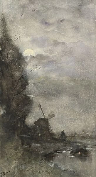 Landscape with a windmill by moonlight, 1847-1899. Creator: Jacob Henricus Maris
