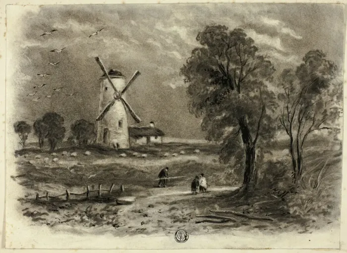 Framed Print : Landscape with Windmill, September 1850. Creator: Elizabeth Murray Framed Print : Landscape with Windmill, September 1850. Creator: Elizabeth Murray