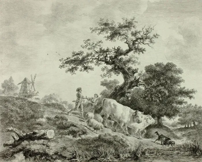 Framed Print : Landscape with Windmill, Young Man and Girl, and Two Oxen, n.d. Creator: Vivant Denon Framed Print : Landscape with Windmill, Young Man and Girl, and Two Oxen, n.d. Creator: Vivant Denon