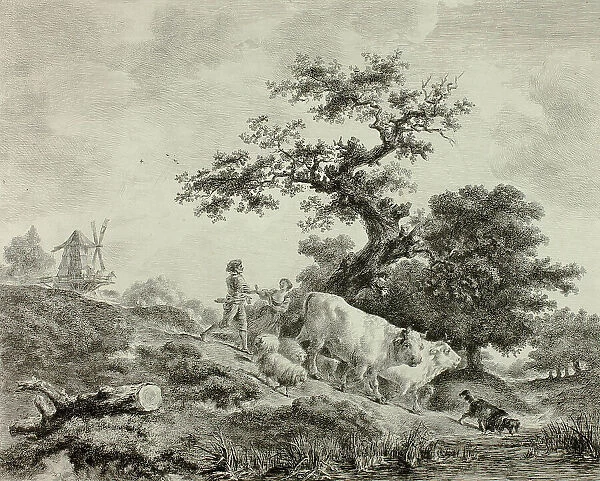 Landscape with Windmill, Young Man and Girl, and Two Oxen, n.d. Creator: Vivant Denon