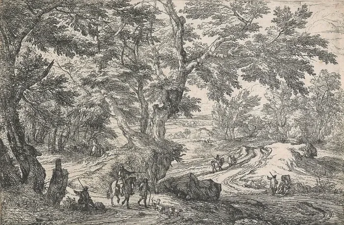 Framed Print : Landscape with, in left foreground, a man seated on the roadside on the edge of a wood...after 1667. Creator: Jan van Huchtenburg Framed Print : Landscape with, in left foreground, a man seated on the roadside on the edge of a wood...after 1667. Creator: Jan van Huchtenburg