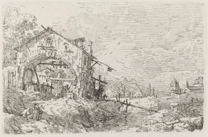 Framed Print : Landscape with a Woman at a Well [lower left], c. 1735  /  1746. Creator: Canaletto