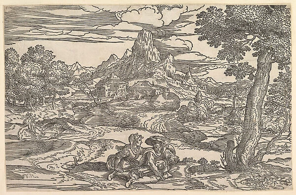 Landscape with a woman seated next to a man playing a hurdy-gurdy, ca. 1540