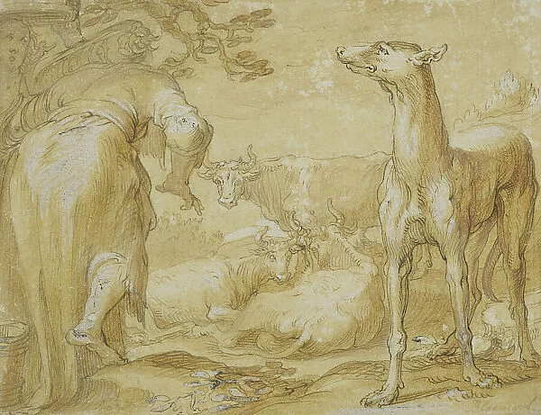 Landscape with two women, a greyhound and cattle. Creator: Unknown