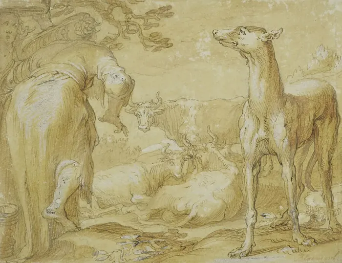 Framed Print : Landscape with two women, a greyhound and cattle. Creator: Unknown Framed Print : Landscape with two women, a greyhound and cattle. Creator: Unknown