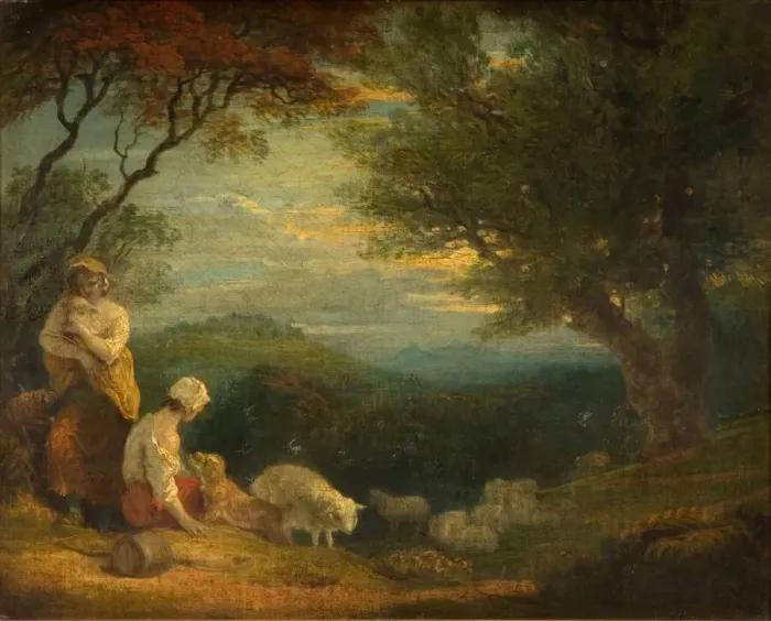 Framed Print : Landscape With Women, Sheep and Dog, 1830. Creator: Richard Westall