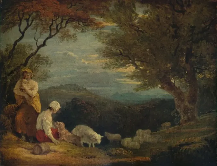 Framed Print : Landscape with Women, Sheep and Dog, c1811, (1938). Artist: Richard Westall Framed Print : Landscape with Women, Sheep and Dog, c1811, (1938). Artist: Richard Westall
