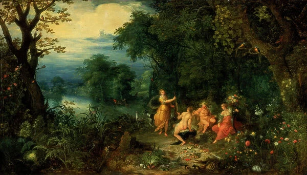 A landscape with wood; Diana offers a hare to a nymph; Silenus and Ceres in foreground, c1614. Artist: Abraham Govaerts