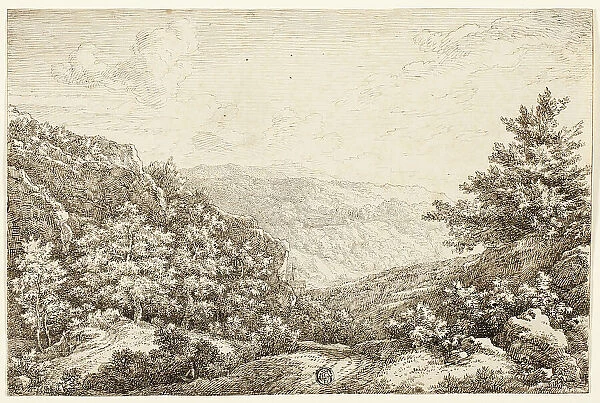 Landscape with Wooded Hills, Seated Figure, 1756. Creator: Nicolaes Emmanuel Perij
