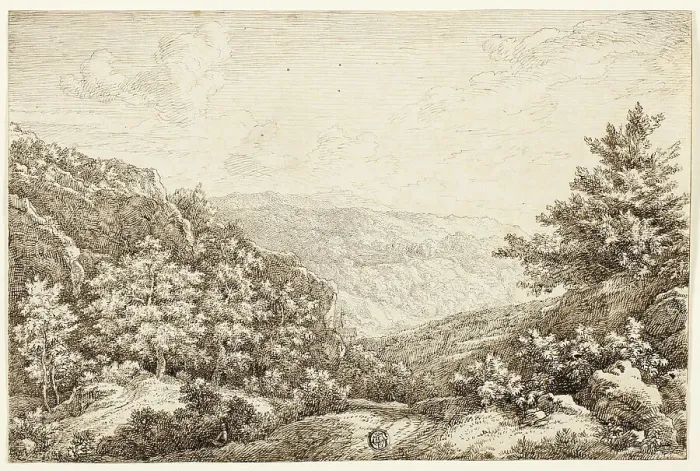 Framed Print : Landscape with Wooded Hills, Seated Figure, 1756. Creator: Nicolaes Emmanuel Perij Framed Print : Landscape with Wooded Hills, Seated Figure, 1756. Creator: Nicolaes Emmanuel Perij