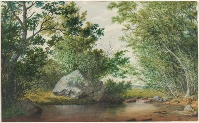 Framed Print : Landscape with Wooded Stream and Boulder, c. 1880s. Creator: William Allen Wall (American Framed Print : Landscape with Wooded Stream and Boulder, c. 1880s. Creator: William Allen Wall (American