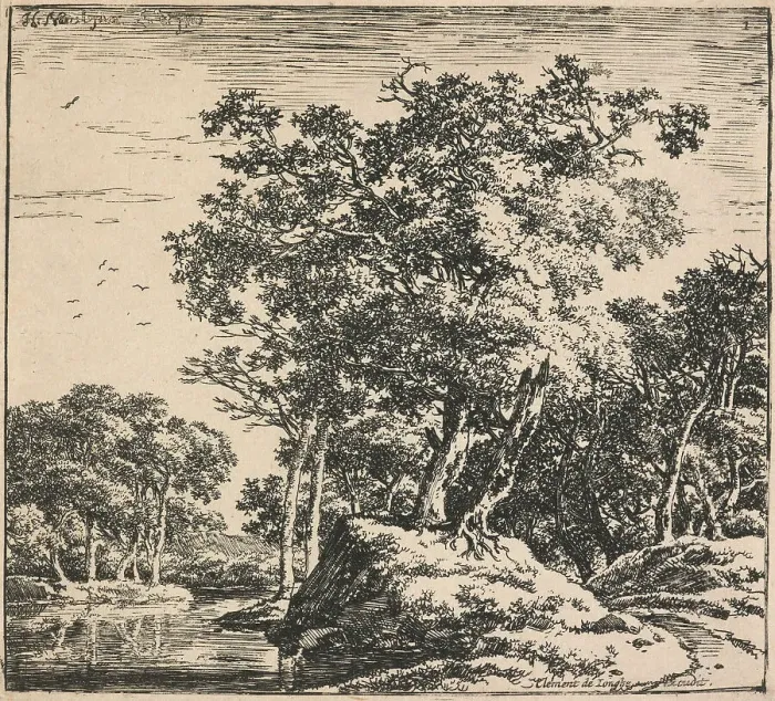 Framed Print : Eight landscapes. Plate 1: Two trees growing on a mound next to a pond, 1640-51. Creator: Herman Naiwincx Framed Print : Eight landscapes. Plate 1: Two trees growing on a mound next to a pond, 1640-51. Creator: Herman Naiwincx