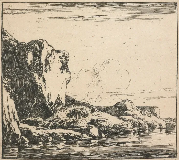 Framed Print : Eight landscapes. Plate 2. Cliffs forming the bank of a river, 1640-51. Creator: Herman Naiwincx Framed Print : Eight landscapes. Plate 2. Cliffs forming the bank of a river, 1640-51. Creator: Herman Naiwincx