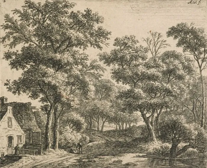 Framed Print : Six landscapes. Plate 2. Woman on a small bridge. (H34), 1640-1690. Creator: Anthonie Waterloo Framed Print : Six landscapes. Plate 2. Woman on a small bridge. (H34), 1640-1690. Creator: Anthonie Waterloo