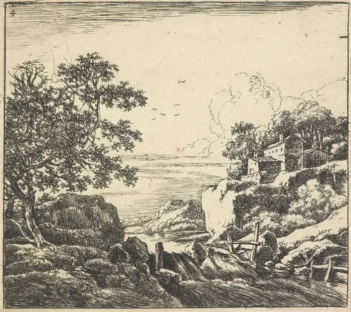 Framed Print : Eight landscapes. Plate 4. The waterfall, 1640-51. Creator: Herman Naiwincx Framed Print : Eight landscapes. Plate 4. The waterfall, 1640-51. Creator: Herman Naiwincx