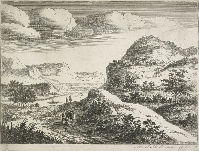 Framed Print : Six landscapes. Plate 6: Three figures standing on a country road, 1683. Creator: Jan van Almeloveen Framed Print : Six landscapes. Plate 6: Three figures standing on a country road, 1683. Creator: Jan van Almeloveen
